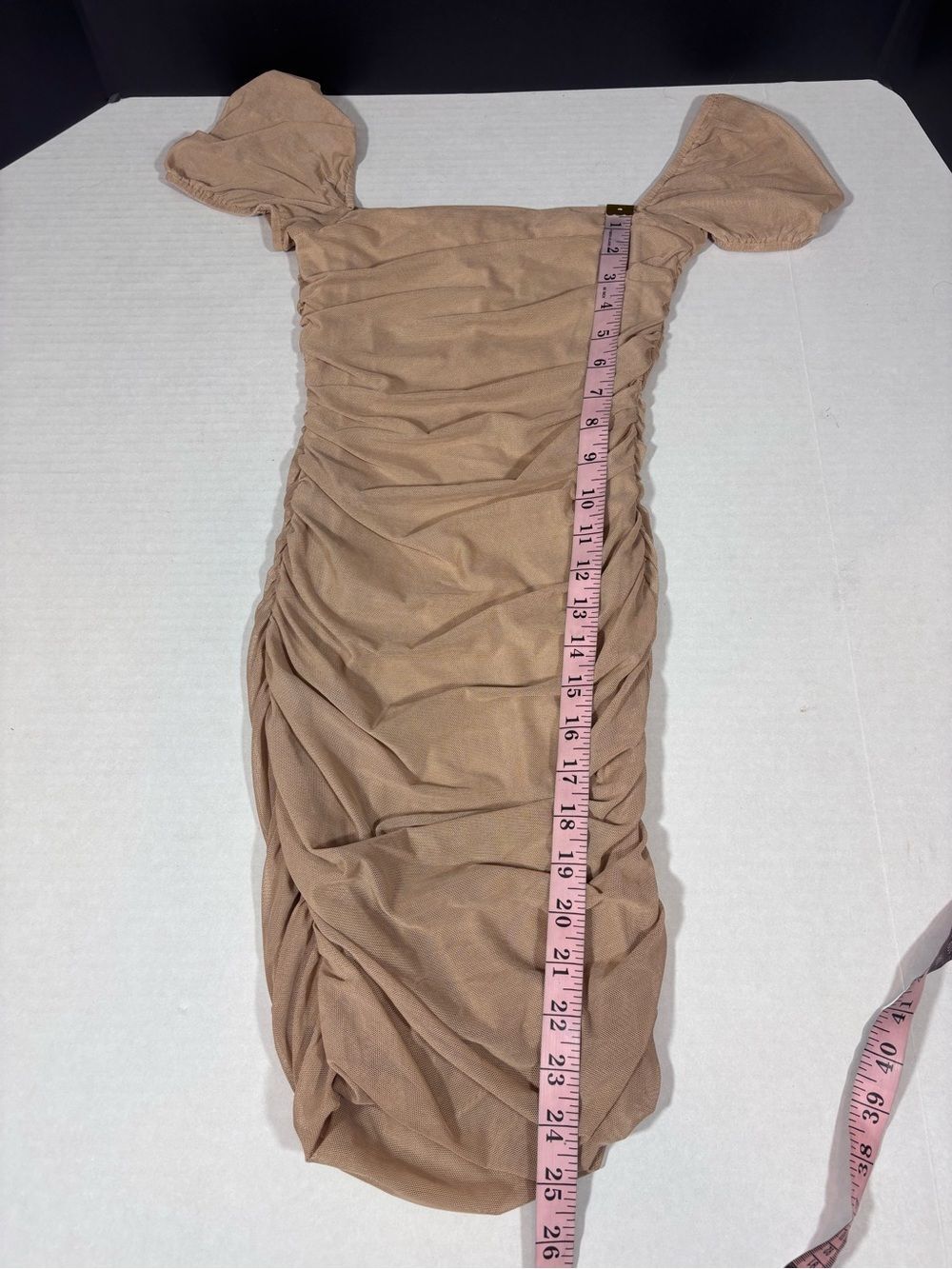 Princess Polly Charvi Mini Dress Tan NWT US 2 Ruching Sexy Mesh Stretch - Picture 14 of 14